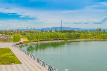 dutch landscape with river and blue sky