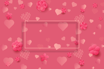 Valentine's Day design. Pink flowers on the pink hearts background