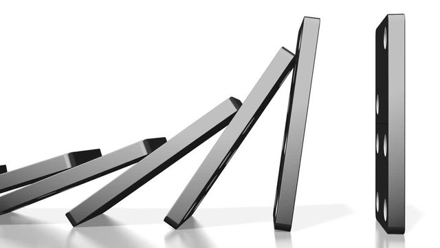 3D domino effect animation - falling black tiles with white dots.
