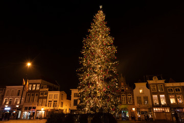 Fototapeta premium Huge lighted Christmas tree at night on the market square of Gouda with a row of medieval houses with different facades. The Netherlands, Europe.