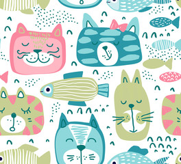 Vector seamless pattern with hand drawn colorful cat faces and graphic fishes.