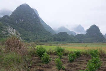 Karst mountains and limestone peaks of Yulong River, Yangshuo, Guilin, China,