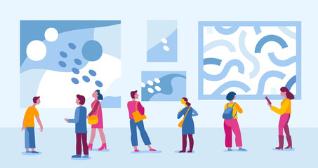 Vector illustration in flat simple style with characters - people visiting modern art gallery