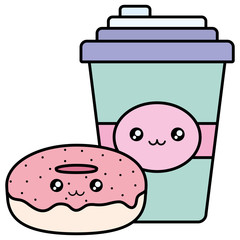 sweet donuts and drink kawaii character