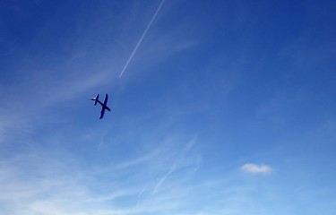 Toy plane flying to the blue sky