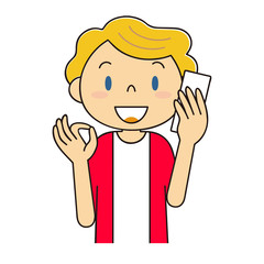 電話をしながらをOKポーズをしている外国人女性