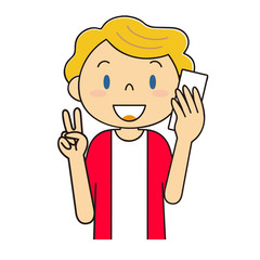 電話をしながらをVサインをしている外国人女性