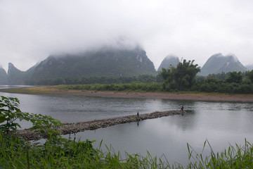 Karst mountains and limestone peaks of Yulong River, Yangshuo, Guilin, China,