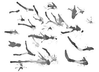 Collection of watercolor stains and spray of different shapes.