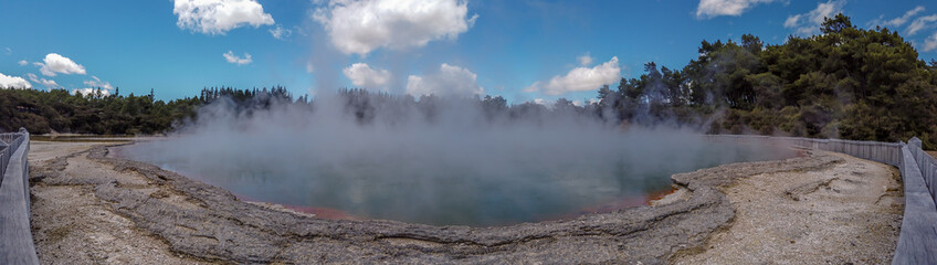 Panoramic view of Champagne pool at Wai O Tapu, New Zealand