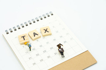 Miniature people Pay queue Annual income (TAX) for the year on calendar. using as background business concept and finance concept with copy space  for your text or  design.