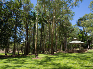 A white wooden pavilion in the Emerald botanic garden , Queensland, Australia.