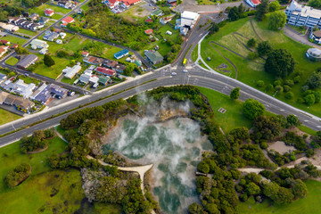 Highway running through Rotorua and past geothermal Kuirau park in New Zealand