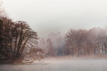 l'atmosfera creata dalla nebbia all'alba su un ratto del fiume adda - 240968788