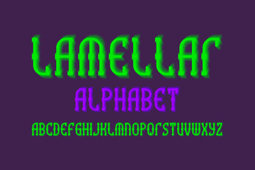 Lamellar isolated english alphabet. Bright green vibrant font.