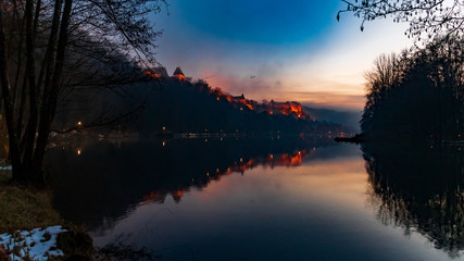 Beautiful sunset with reflections and the longest fortress in the world at Burghausen-Bavaria-Germany