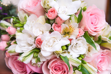 bouquet of pink roses and white freesia, flowers