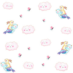 ImpriDigital Paper Bunny Print Flying Over a Little Bird Painted by Hand with Watercolors Digital Paper Seamless Patterns Nursery Printsmir