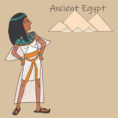 ancient egyptian person in traditional clothing with pyramids and headline