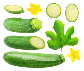 Isolated zucchini. Collection of zucchini pieces, leaves and flowers isolated on white background with clipping path