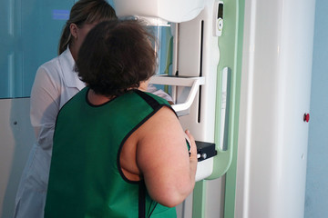 Mammography equipment in the clinic. A woman is conducting a breast examination.