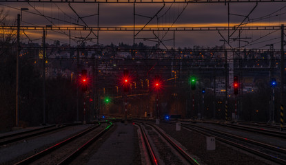 Fototapeta na wymiar Dark color sky after sunset in Prague Holesovice station