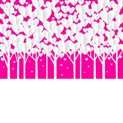 Love trees on white background. White paper love hearts for Valentine's day. Flying paper hearts. Pink vector illustration with place for text. Template for your design