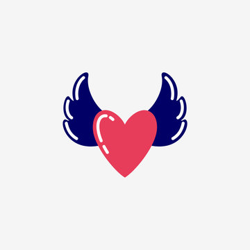 Vector image of valentine's day symbol. Red heart with wings on a white background. Flat vector illustration.