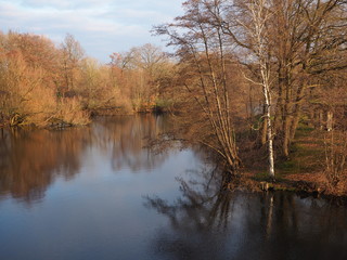 Lake and trees with winter colours in Voorveldse Polder City Park, Utrecht, Netherlands