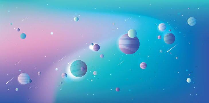 Abstract vibrant universe with blue and pink planets