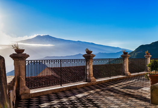 Volcano etna erupting from castelmola