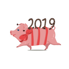 Symbol of year funny pig running from 2019
