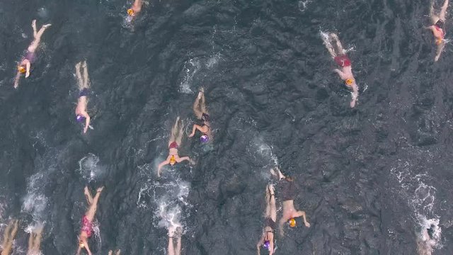 People Swimming İn The Sea, Swimming Race, 4K Aerial Video