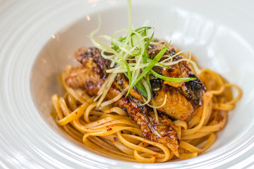 Unagi Aglio Olio with linguine and chilli flakes and garlic flavouring