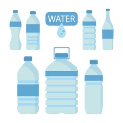 A set of plastic bottles for drinks and water. Plastic water bottle set isolated on white background. Vector illustration.