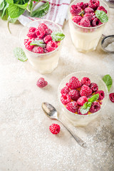 Homemade summer sweet dessert in glass, panna cotta with raspberry, diet light snack, light stone...