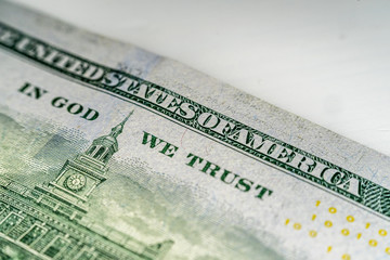 Macro shot (closeup ) of a new 100 dollar bill Series 2009 A. Sign "In God We Trust"