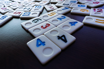 rummy pieces placed randomly on the table.