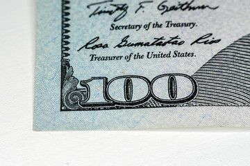 Macro shot (closeup ) of a new 100 dollar bill Series 2009 A. Signs of secretary of the treasury and treasurer of the United States