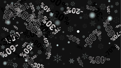 Percent Sings on Dark Background. Black Poster with Silver Percent Sings and Snowflakes. Vector Discount Sale Background.