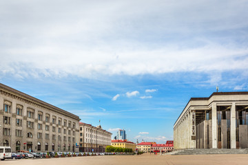Fototapeta na wymiar Minsk, Belarus - July 28th 2018 - A huge open air square in downtown Minsk, with government buildings around it in Minsk