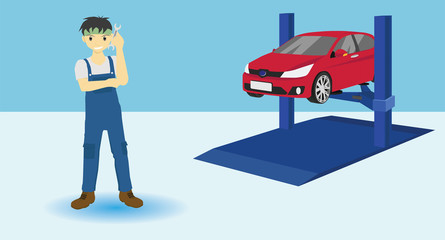 Service mind car mechanic at the Vehicle sales service center. With Lifting machine.