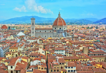 Aerial view of Duomo Florence Cathedral and buildings in old city. The medieval Cathedral with...