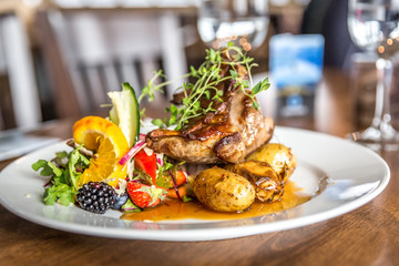 Beautiful piece of local lamb with salad and potato in Norway