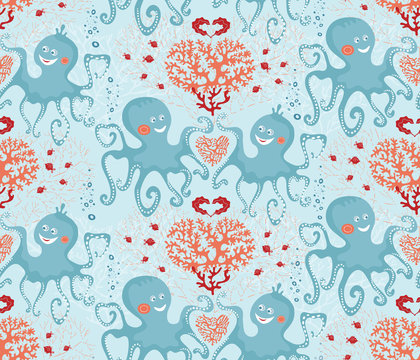 Vector seamless pattern of sea life, cute octopuses and corals on the teal background