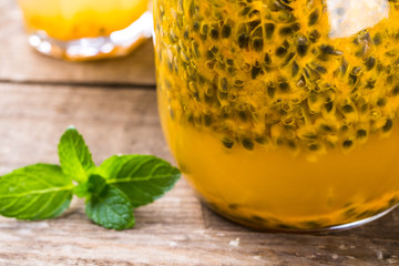 Passion fruit drinks. Homemade passion fruit in a glass jar