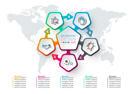 Pentagons label infographic with 5 steps.