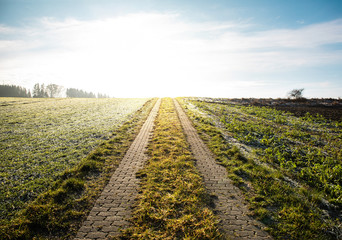 Feldweg in den Horizont im Gegenlicht