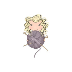 Blonde Hair Girl Knits Isolated On A White Background Hand Drawn Illustration