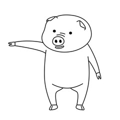 Vector pig cartoon character in hand pointing poses with line art style isolated on white background.